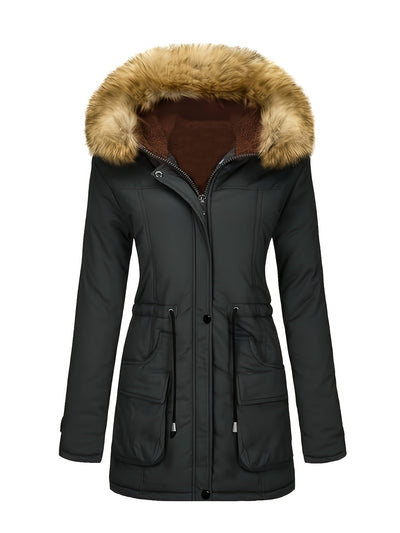 Fleece-Parka-Winterjacke mit veganer Fell-Kapuze für Damen, lässig | Perfekt für den Winter