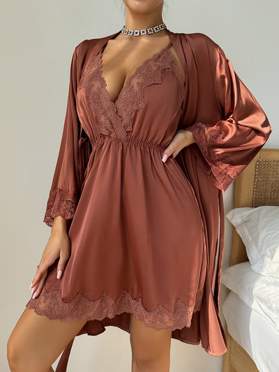 Bequemes Spitzenbesatz Robe Und Dehnbarer Taillenbund Schlafkleid Pyjama Set Für Damen | Perfekt für Casual Days