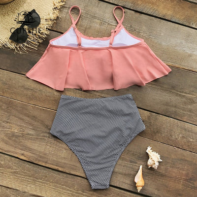 WendyWave™ – Eleganter Hochtailliert Bikini mit gerüschtem Oberteil