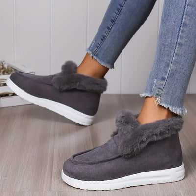 Warme Damen Winterstiefeletten – Gefütterte Slip-On Schuhe mit flacher Sohle und Kunstfell, ideal für kalte Wintertage