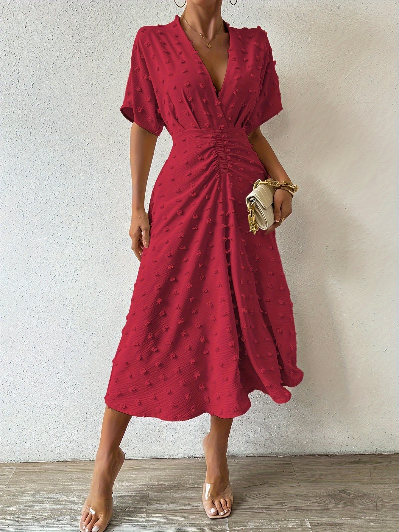 Stilvolles Schweizer Punkt Gerafft Gefaltet Tiefes Dekolleté Kurzarm Midi Formelles Kleid Für Damen | Für formelle Anlässe