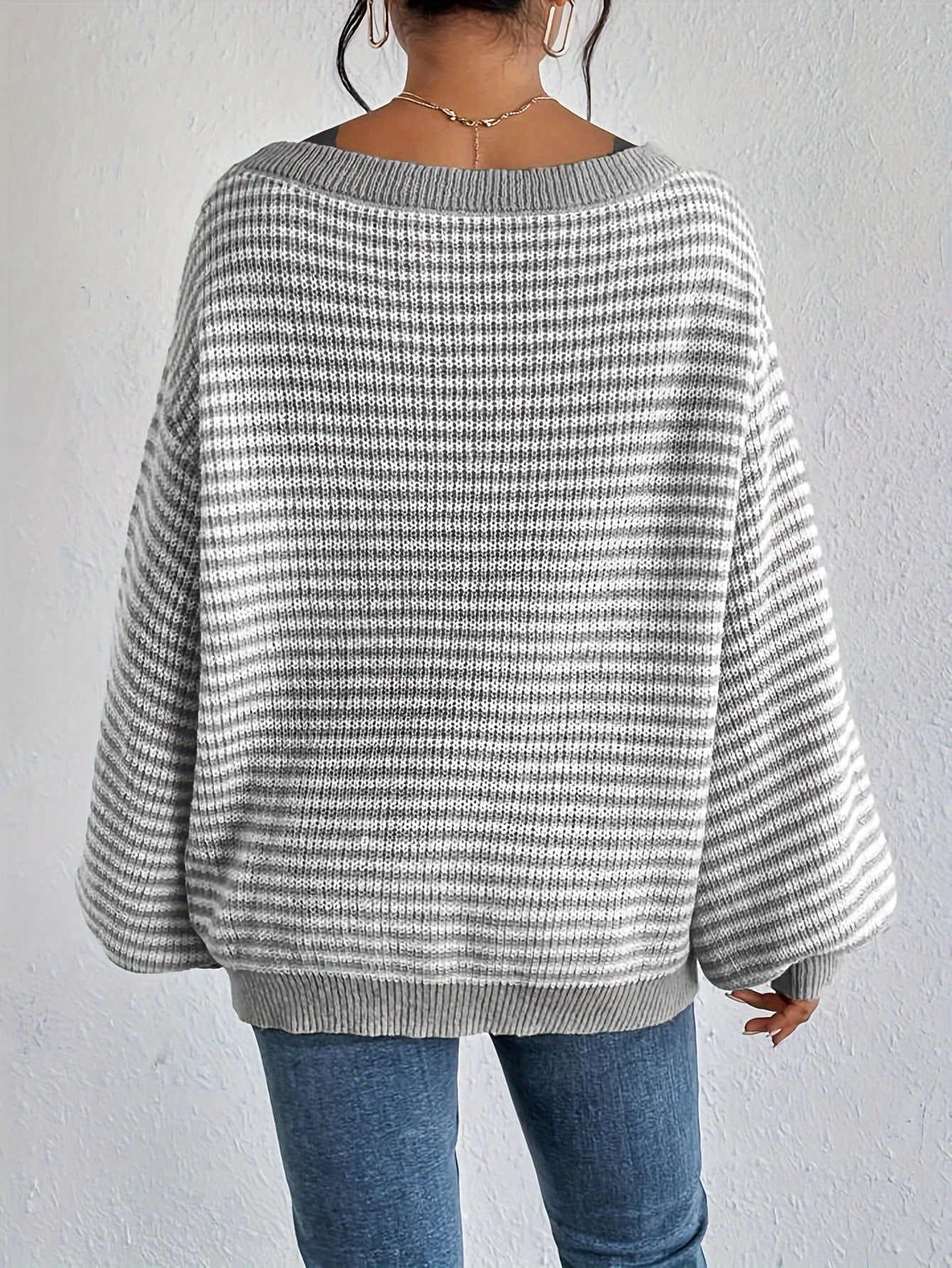 Lässiger gestreifter Off-Shoulder-Pullover mit dehnbarer Stoff und Rundhalsausschnitt für Damen | Perfekt für den Alltag