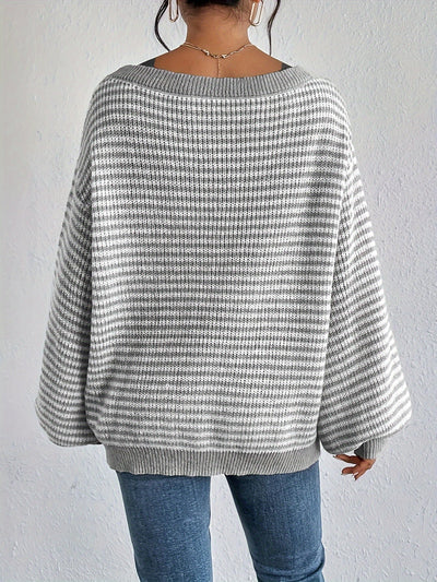 Lässiger gestreifter Off-Shoulder-Pullover mit dehnbarer Stoff und Rundhalsausschnitt für Damen | Perfekt für den Alltag