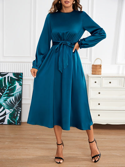 Casual Satin Rundhals Mit Gürtel In Der Taille A-Linie Langarm Formelles Kleid Für Damen | Für formelle Anlässe