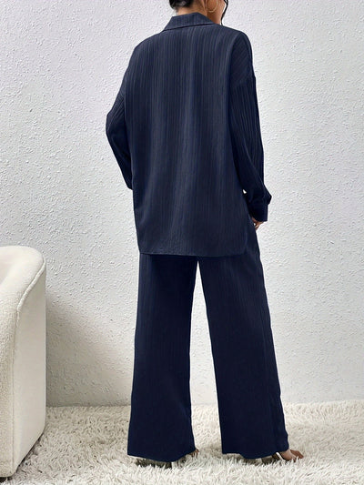 Bluse Mit Knopfleiste, Langarm & Elastische Taillenhose Outfit Set Für Damen | Ideal Für Herbst/Winter