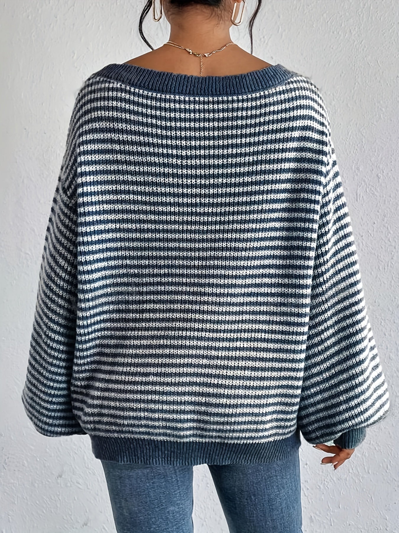 Lässiger gestreifter Off-Shoulder-Pullover mit dehnbarer Stoff und Rundhalsausschnitt für Damen | Perfekt für den Alltag