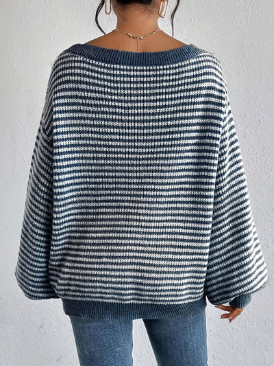 Lässiger gestreifter Off-Shoulder-Pullover mit dehnbarer Stoff und Rundhalsausschnitt für Damen | Perfekt für den Alltag