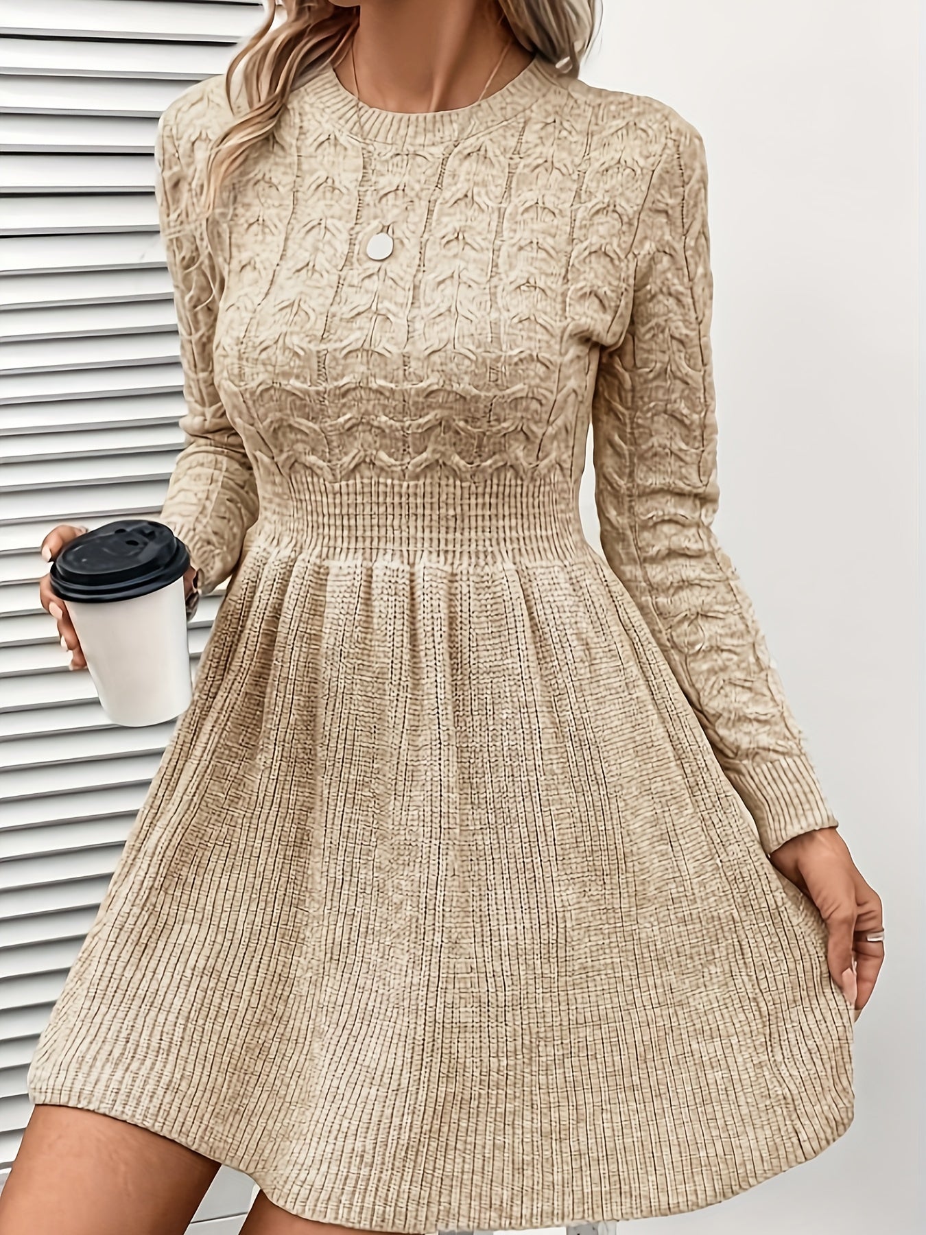 Casual Einfarbiges Kabelstrick Geraffte Taille Rüschen Saum Langarm Formelles Kleid Für Damen | Für formelle Anlässe