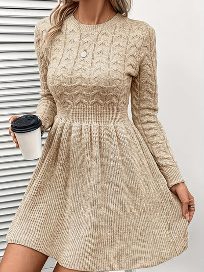Casual Einfarbiges Kabelstrick Geraffte Taille Rüschen Saum Langarm Formelles Kleid Für Damen | Für formelle Anlässe