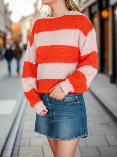 Eleganter gestreifter Baumwollpullover mit Rundhalsausschnitt und kuscheligen langen Ärmeln für Damen | Ideal für den Alltag