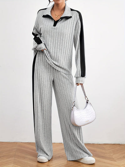 Stilvolles Oberteil Mit Überschnittenen Schultern Pullover & Weitgeschnittene Jogginghose Outfit Für Damen | Ideal für Herbst/Winter