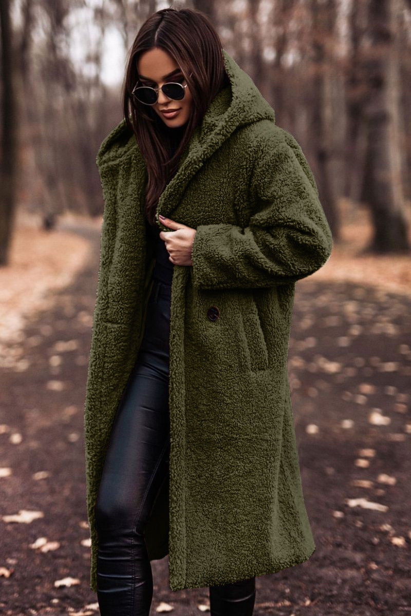Damen Teddyfell-Mantel mit Kapuze – Stylischer und warmer langer Wintermantel für kalte Tage