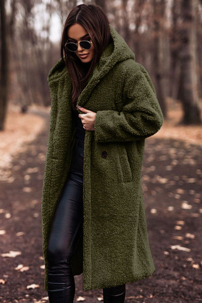 Damen Teddyfell-Mantel mit Kapuze – Stylischer und warmer langer Wintermantel für kalte Tage