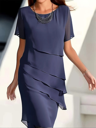 Stylisches Unifarben Geschichtetes Besatz Rundhals Kurzarmformelles Kleid Für Damen | Für formelle Anlässe