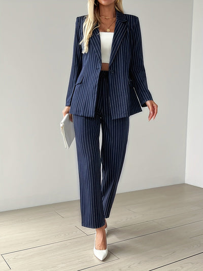 Elegantes Gestreiftes Knopfleiste Langarm-Blazer & High Waist Gerade-Hosen Outfit-Set Für Damen | Perfekt für formelle Anlässe