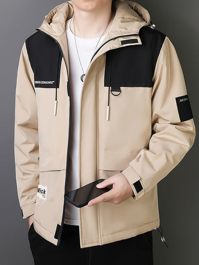 Lässige Schwarze Baumwoll-Kapuzen Windbreaker Winterjacke Für Herren | Perfekt für Outdoor-Aktivitäten