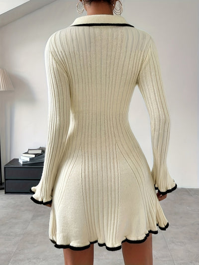 Stilvolles Farbblock Rüschen A-Linie Mit Knopfleiste Ausgestellte Ärmel Geripptes Strick Formelles Kleid Für Damen | Für formelle Anlässe