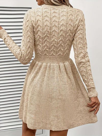 Casual Einfarbiges Kabelstrick Geraffte Taille Rüschen Saum Langarm Formelles Kleid Für Damen | Für formelle Anlässe