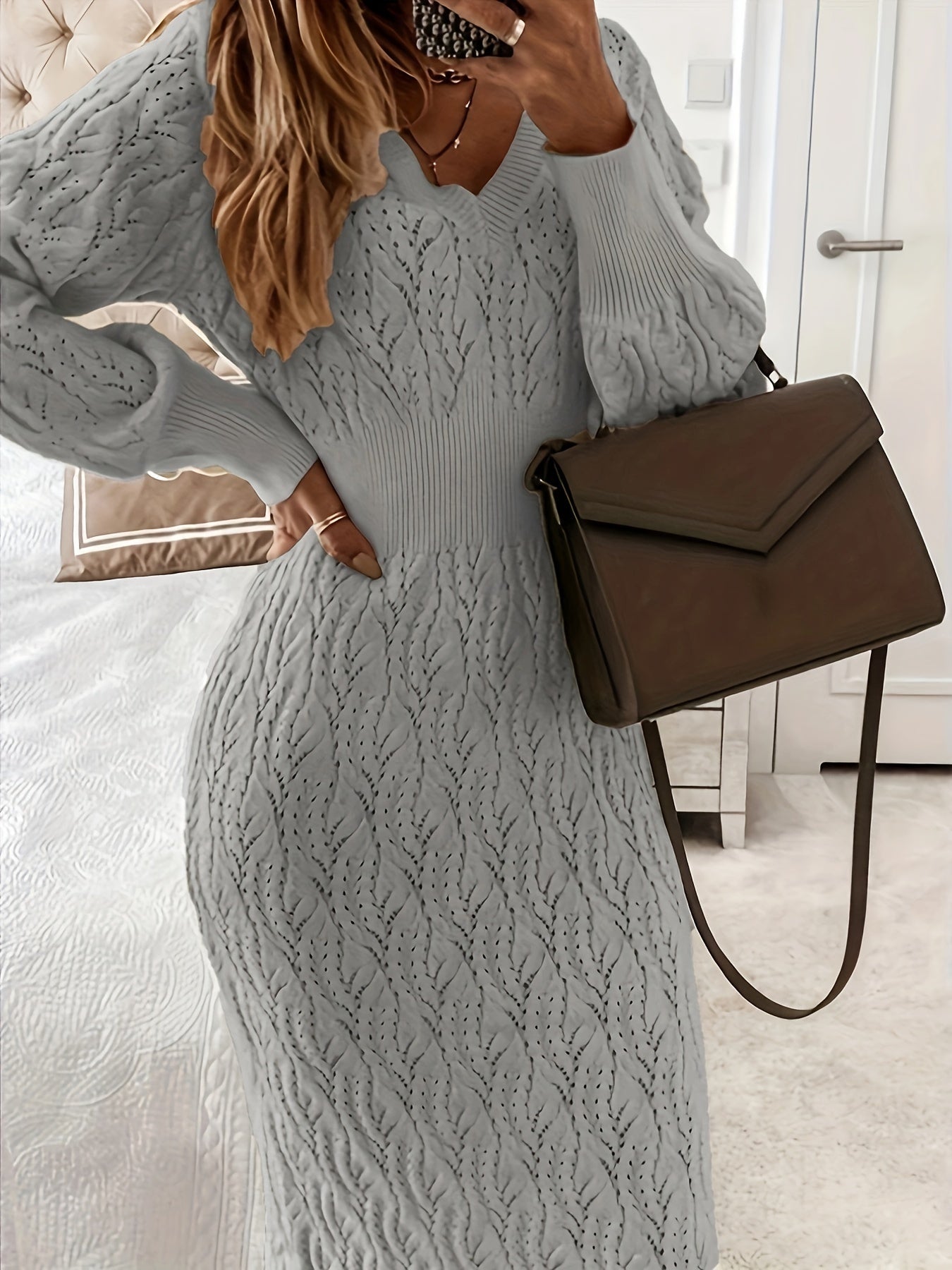 Lässiges Baumwoll Einfarbige Ösen V-Ausschnitt Midi Pullover Kleid Für Damen | Perfekt für Casual Days