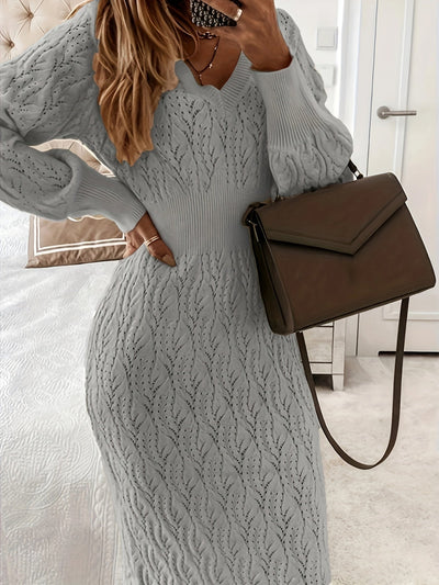 Lässiges Baumwoll Einfarbige Ösen V-Ausschnitt Midi Pullover Kleid Für Damen | Perfekt für Casual Days