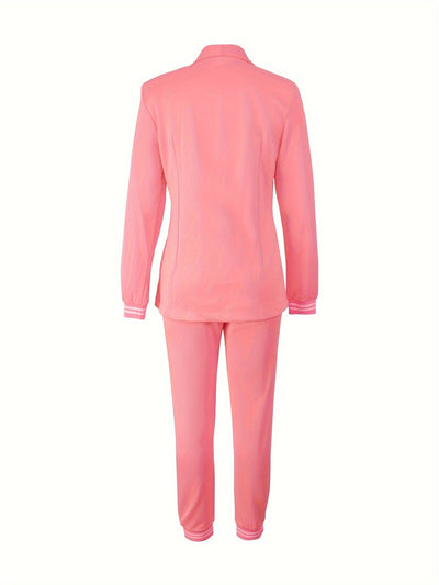 Stilvolles Kontrastierendes Besatz Knopf-Front Zweiteiliges Blazer Set Für Damen | Für formelle Anlässe