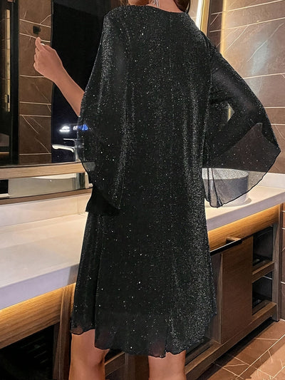Elegantes Glitzerndes V-Ausschnitt Split-Ärmelformelles Kleid Für Damen | Für formelle Anlässe
