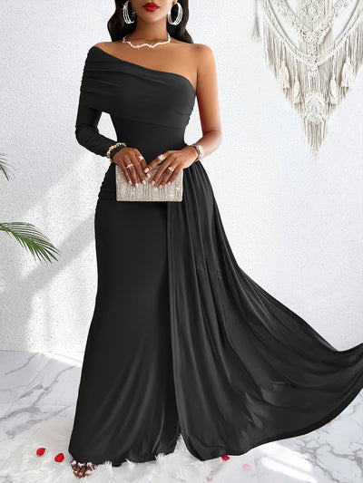 Elegantes Ein-Schulter Fließendes Rüschiertes Maxiformelles Kleid Für Damen | Für formelle Anlässe