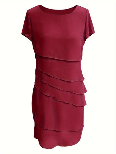 Stylisches Unifarben Geschichtetes Besatz Rundhals Kurzarmformelles Kleid Für Damen | Für formelle Anlässe