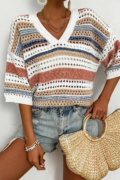 Strickshirt mit V-Ausschnitt | Häkelmuster | Lässige Streifenoptik