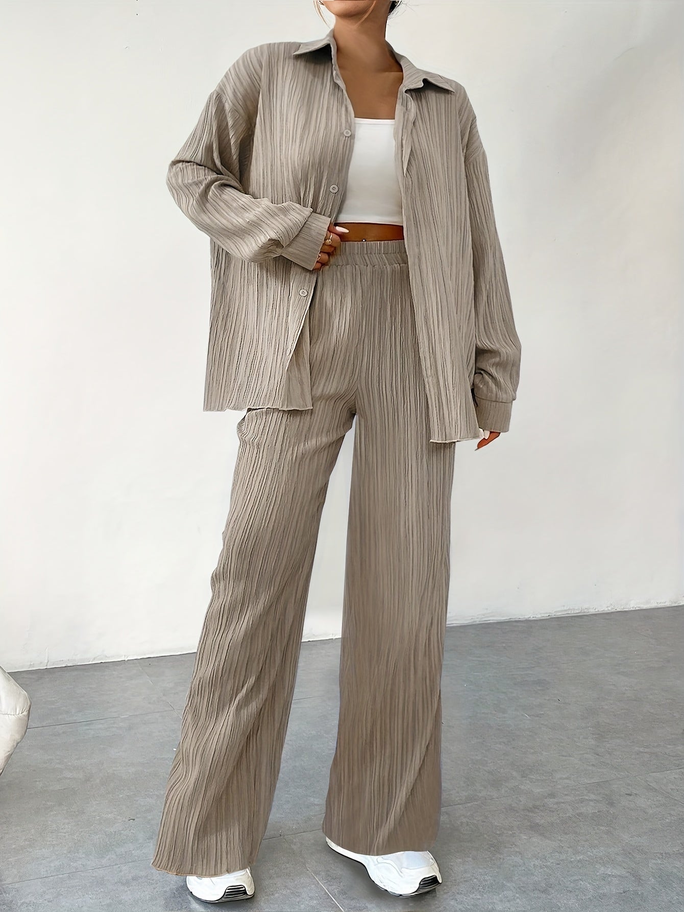 Bluse Mit Knopfleiste, Langarm & Elastische Taillenhose Outfit Set Für Damen | Ideal Für Herbst/Winter