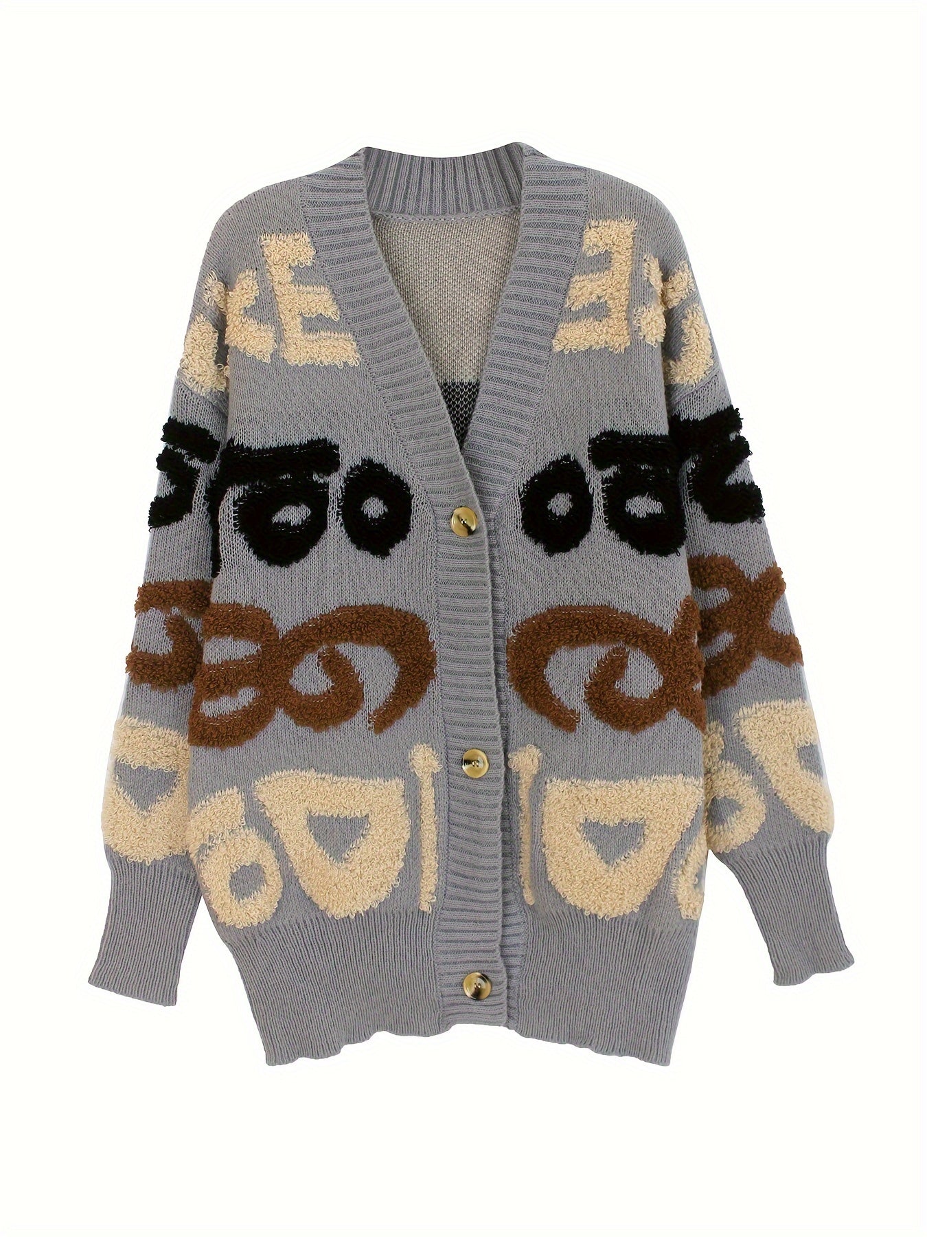 Stilvolle Buchstabenmuster Strickjacke Für Damen | Ideal für den Alltag