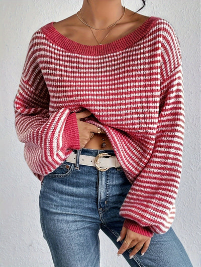 Lässiger gestreifter Off-Shoulder-Pullover mit dehnbarer Stoff und Rundhalsausschnitt für Damen | Perfekt für den Alltag