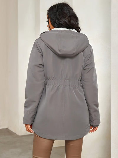Graue lässige Fleece-Parka-Winterjacke mit Kapuze für Damen | Perfekt für kalte Tage