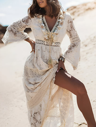 Boho-Maxikleid | Spitze & V-Ausschnitt | Luftige Eleganz