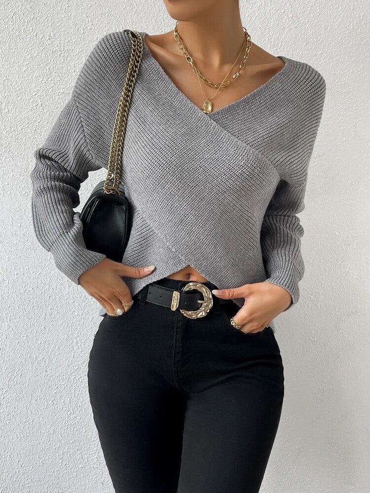 Strickpullover mit Wickeloptik | V-Ausschnitt | Strukturierte Eleganz