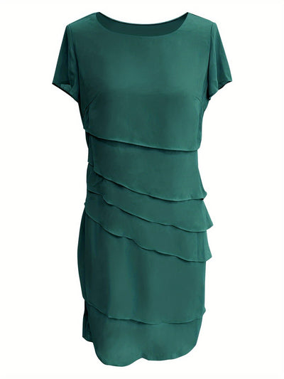 Stylisches Unifarben Geschichtetes Besatz Rundhals Kurzarmformelles Kleid Für Damen | Für formelle Anlässe