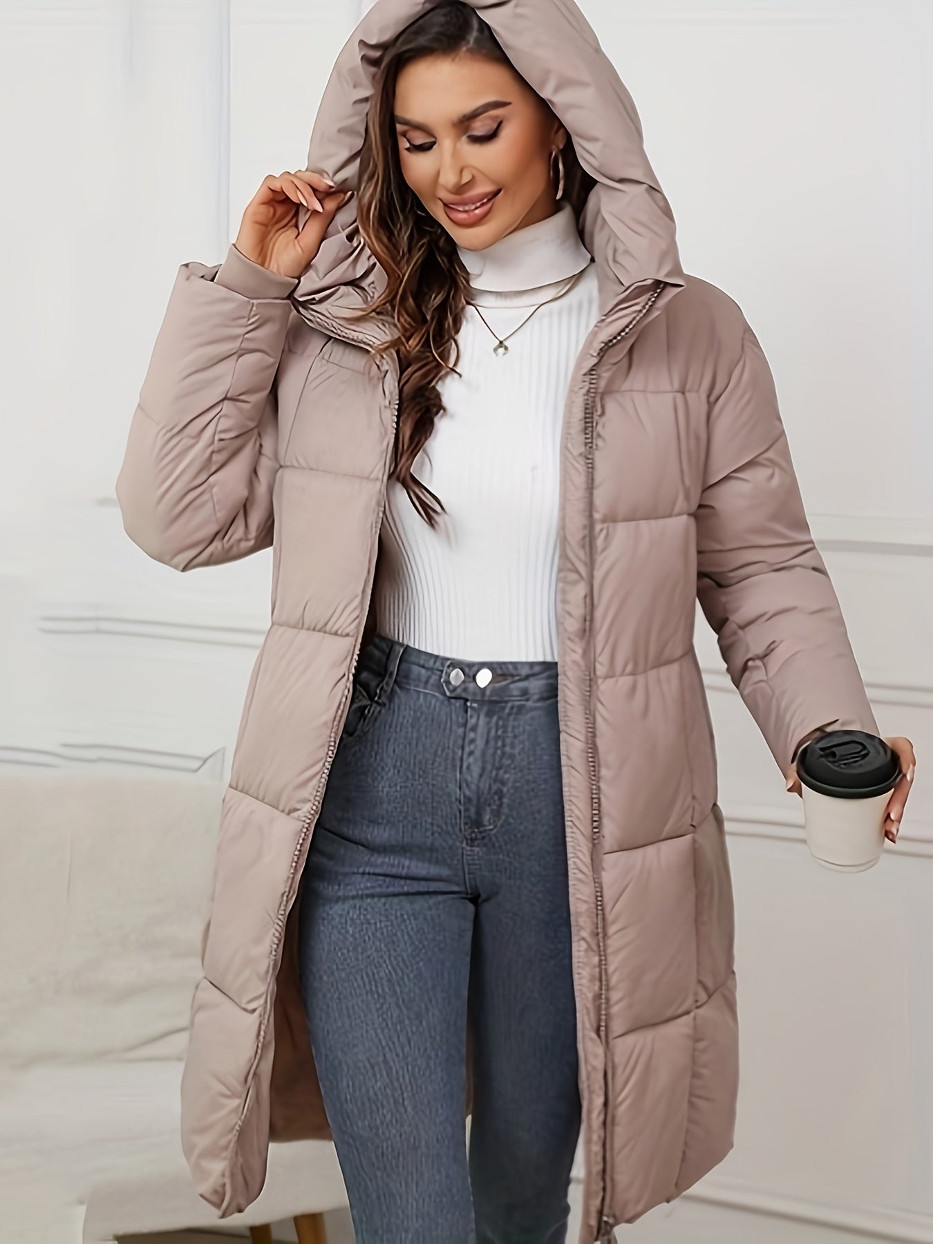 Elegante Lange Puffer Winterjacke mit Kapuze für Damen | Perfekt für Outdoor-Aktivitäten