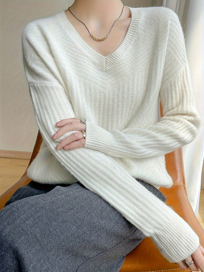 Lässiger V-Ausschnitt-Pullover aus 100% Wolle in einfarbigem Design für Damen | Perfekt für lässige Tage