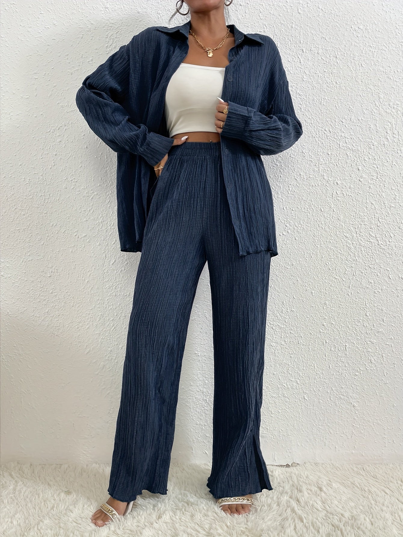 Bluse Mit Knopfleiste, Langarm & Elastische Taillenhose Outfit Set Für Damen | Ideal Für Herbst/Winter