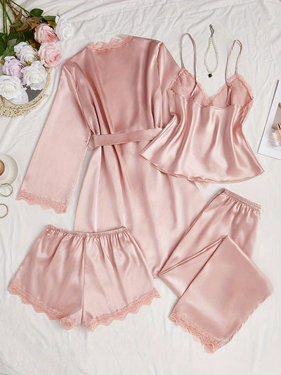 Bequemes Spitzenbesatz Satin 4-teiliges Pyjama Set Mit Spitzenbesatz Für Damen | Perfekt für den Alltag