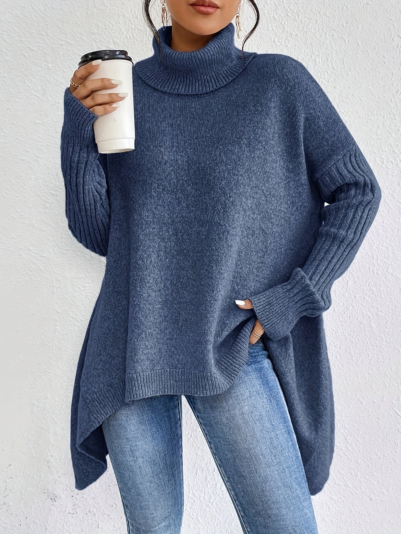 Lässiger Baumwollpullover mit asymmetrischem Saum und Rollkragen für Damen | Perfekt für Alltagstrage