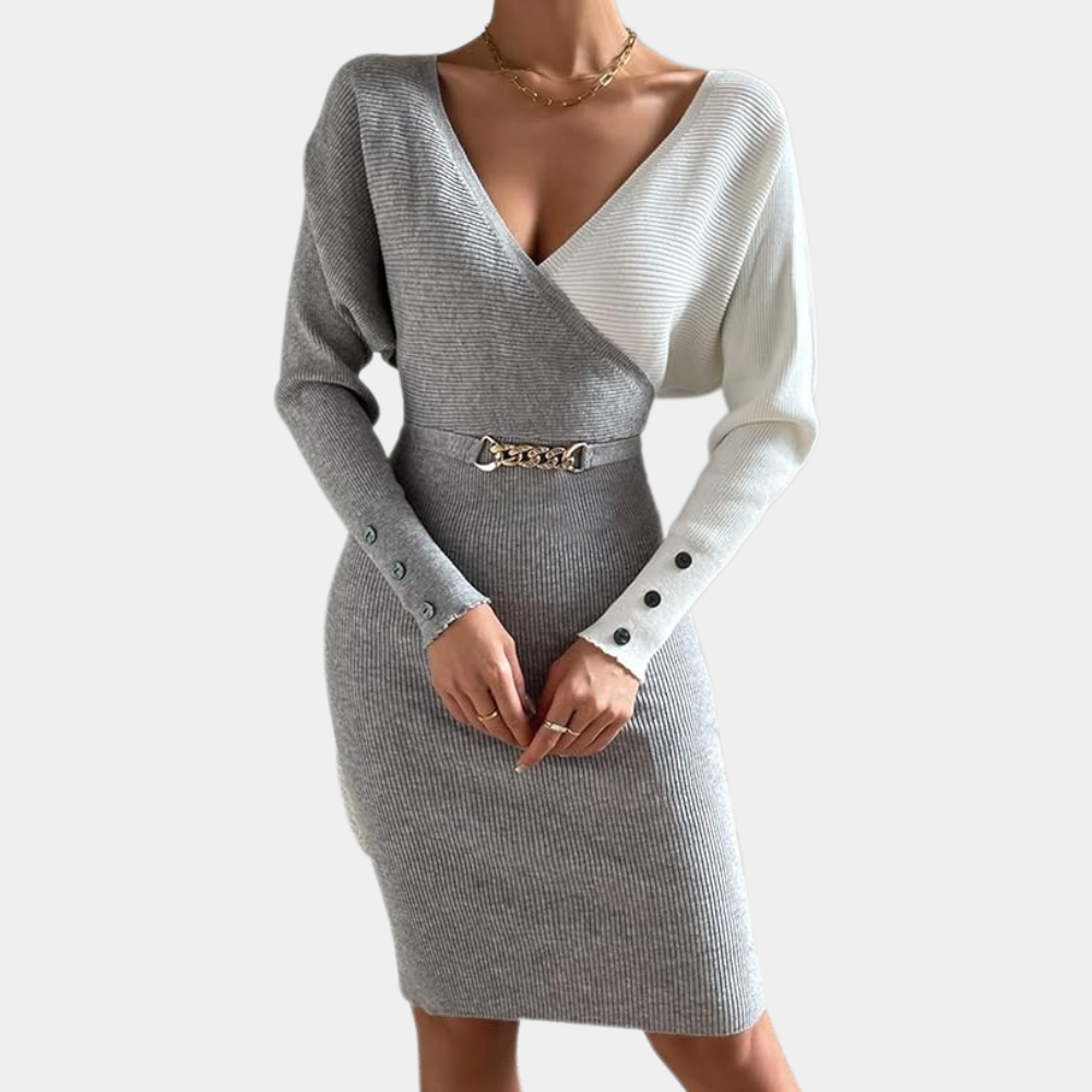 Stylisches Damen Strickkleid | Asymmetrie-Look & Gürtel mit Kettendetail