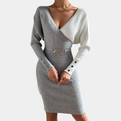 Stylisches Damen Strickkleid | Asymmetrie-Look & Gürtel mit Kettendetail