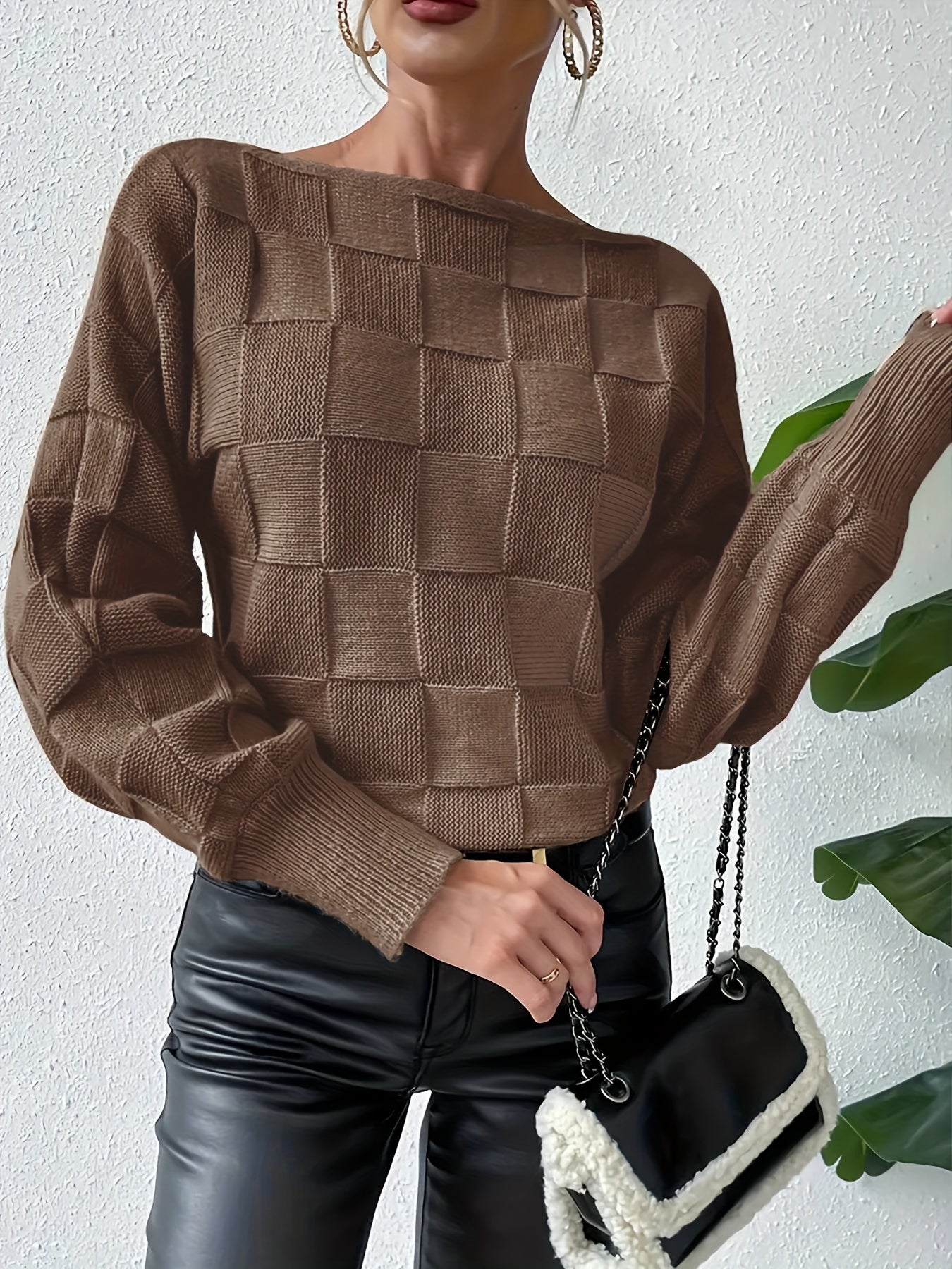 Lässiger Baumwollpullover mit Bootsausschnitt und karierten langen Ärmeln für Damen | Perfekt für lässige Tage