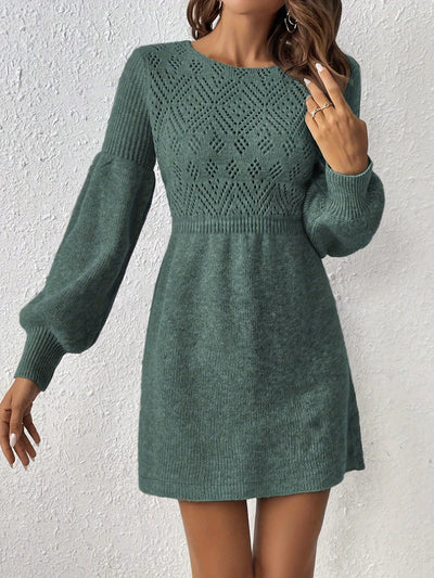 Casual Lochmuster Einfarbiges Strick Laternen Ärmel A-Linie Geraffte Taille Formelles Kleid Für Damen | Für formelle Anlässe