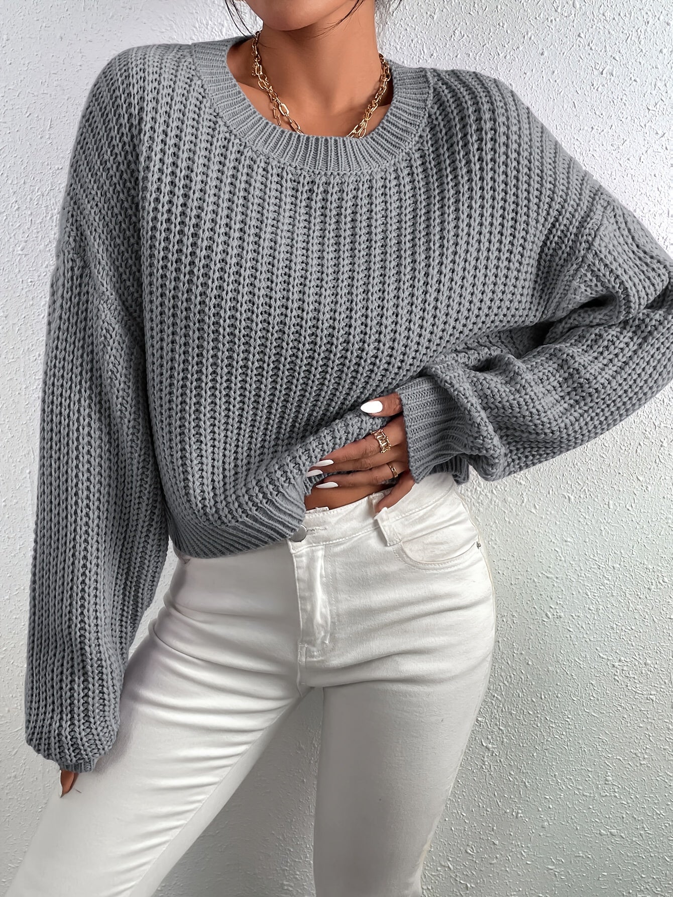 Lässiger einfarbiger Baumwollpullover mit Rundhalsausschnitt für Damen | Perfekt für den Alltag