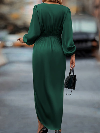 Stylisches Seidiges Rüschierter Taillierter Wickel Surplice-Ausschnittformelles Kleid Für Damen | Für formelle Anlässe