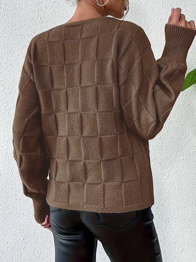 Lässiger Baumwollpullover mit Bootsausschnitt und karierten langen Ärmeln für Damen | Perfekt für lässige Tage