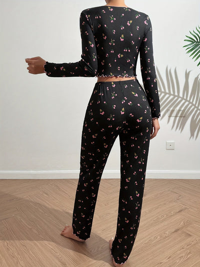 Schickes Blumenmuster Geripptes Outfit-Set Mit V-Ausschnitt-Crop Für Damen | Perfekt für Casual Days
