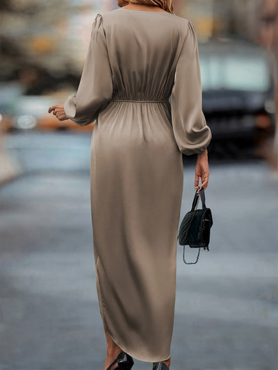 Stylisches Seidiges Rüschierter Taillierter Wickel Surplice-Ausschnittformelles Kleid Für Damen | Für formelle Anlässe